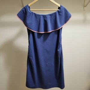 Pink Blush Maternity Dress Blue Pink Trim Size Large Ruffle Off Shoulder Fitted